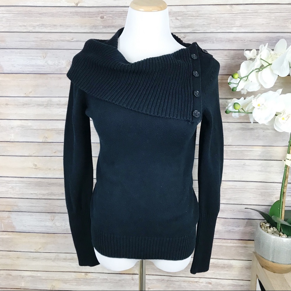 Banana Republic Black Sweater with Asymmetrical Fold-down Collar